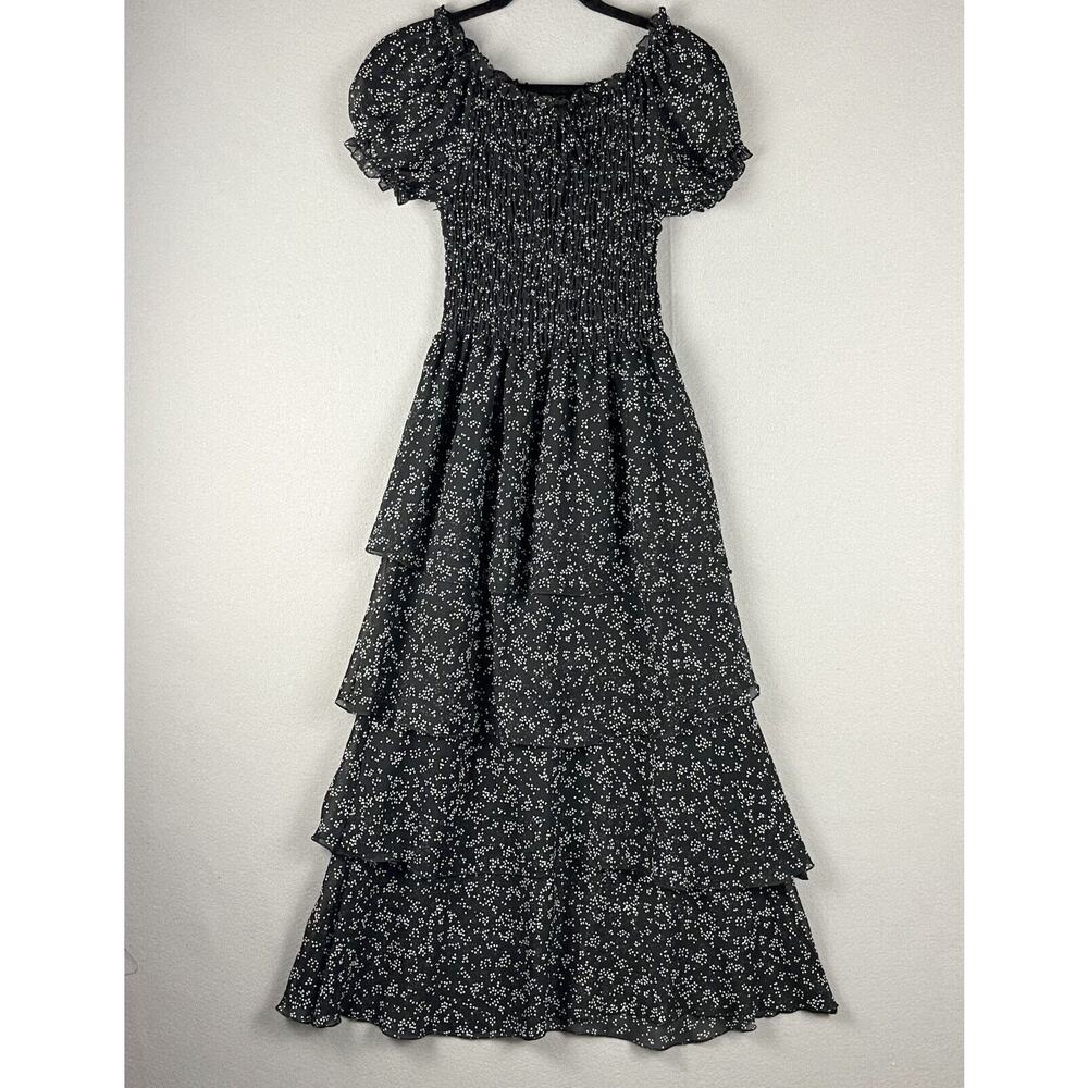 Whimsigoth Witchy Fairy Tiered Dress Women Small Ruched Sheer Puff Sleeve Y2K 90